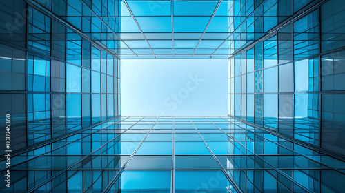 Modern Blue Glass Corporate Building Looking Upward to Clear Sky