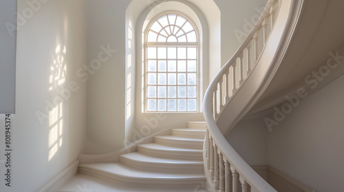 Elegant White Spiral Staircase with Arched Window and Sunlight Shadows in Minimalist Interior Design