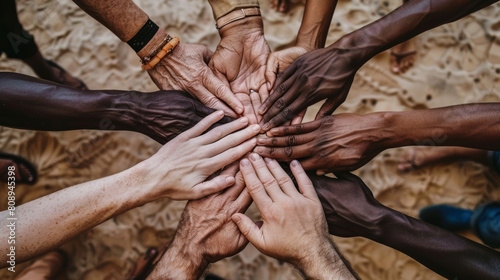 A group of hands of different skin tones coming together, forming a circle, symbolizing unity and diversity