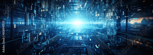 Journey through the digital corridor: a futuristic networks pulse at dawn. A luminous core illuminates a high-tech corridor symbolizing data flow in cyberspace © guruXOX