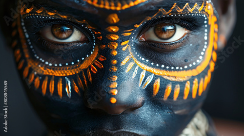 Close up Portrait of Person with Traditional Tribal Face Paint in Black and Orange
