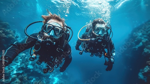Two people are scuba diving in the ocean photo