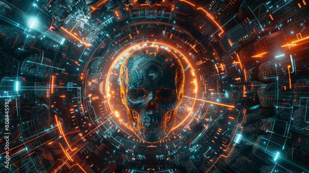 Obraz premium Futuristic technology with a skull and circular interface