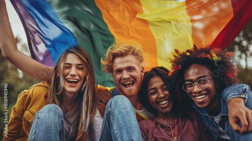 Four LGBTQ people celebrating pride while sitting together. Four friends smiling cheerfully while raising the rainbow pride flag. Group of young queer individuals celebrating together outdoors. Stock  photo