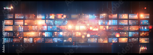 Futuristic command center monitors displaying dynamic data analysis and surveillance operations. A multitude of screens in a high-tech control room showcase data and analysis 