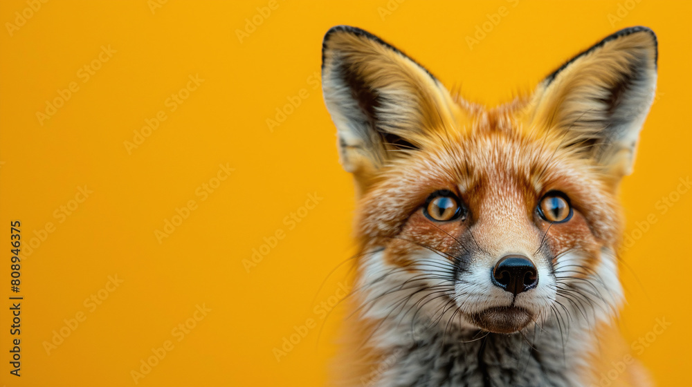 Close Up Red Fox Portrait with Intense Blue Eyes on Vivid Yellow Background