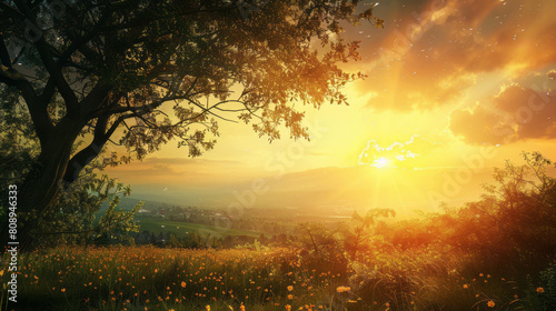 Sunrise over lush meadow with glowing skies and vibrant flora