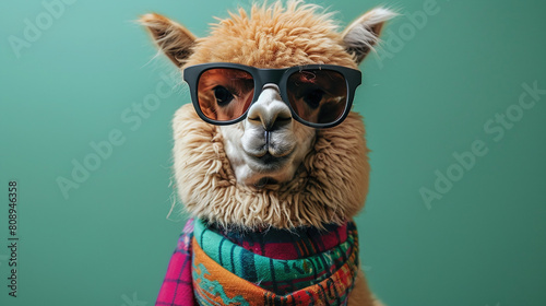 Stylish Alpaca Wearing Sunglasses and Multicolor Scarf on Green Background © Kiss