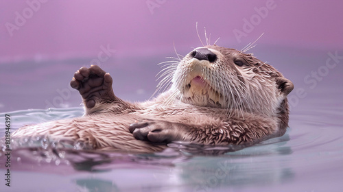 Relaxed Sea Otter Floating on Back in Tranquil Lavender Water with Paws Up
