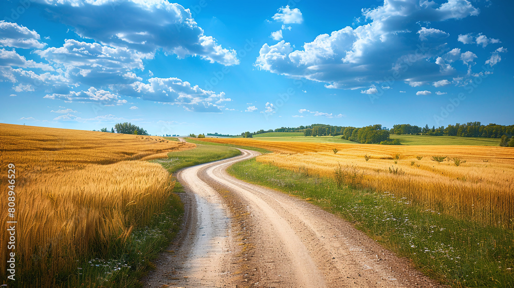 Winding Dirt Road Through Golden Wheat Fields Under Blue Sky with Fluffy Clouds
