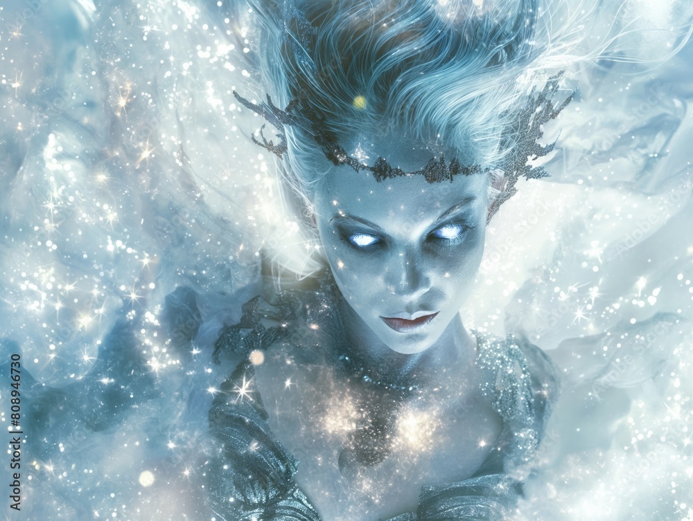 A woman with a blue face and a crown of ice. The woman is surrounded by a lot of snow and stars