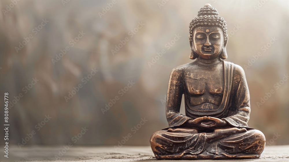 Antique Bronze Buddha Statue in Meditation with Soft Blurred Background Antique Bronze Buddha Statue in Meditation with Soft Blurred Background