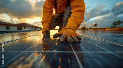 A man in an orange jacket is working on a solar panel © Dionisio