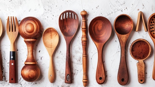 A variety of wooden kitchen utensils are arranged on a white marble surface. The utensils include spoons, forks, a slotted spoon, a spatula, and a measuring spoon. photo