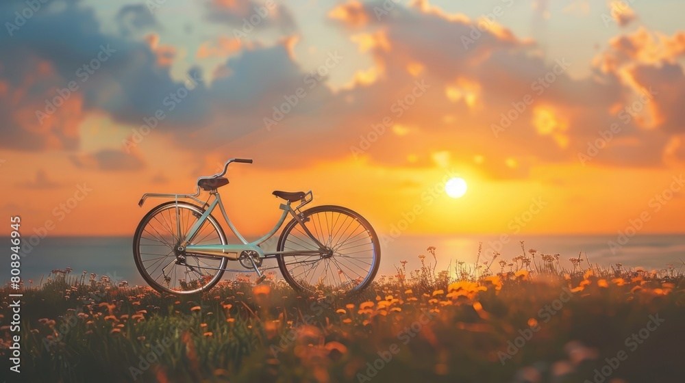 Fototapeta premium bicycle, sunset horizon, with copy space. world bicycle day background concept