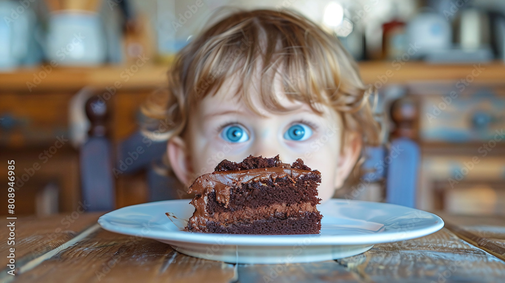 Child Blue Eyes Peeking over Chocolate Cake Slice on Wooden Table in Kitchen Child Blue Eyes Peeking over Chocolate Cake Slice on Wooden Table in Kitchen