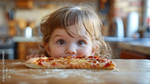 Curious Young Child Peeking Over Table Eyeing Pepperoni Pizza in Warm Kitchen Setting