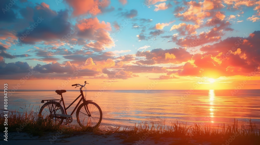 Fototapeta premium bicycle, sunset horizon, with copy space. world bicycle day background concept