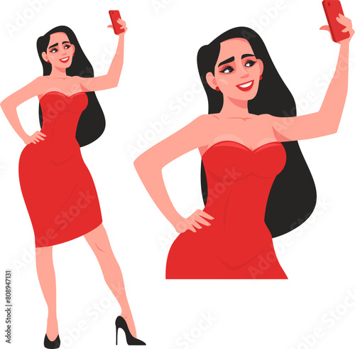 girl in the red dress taking selfies