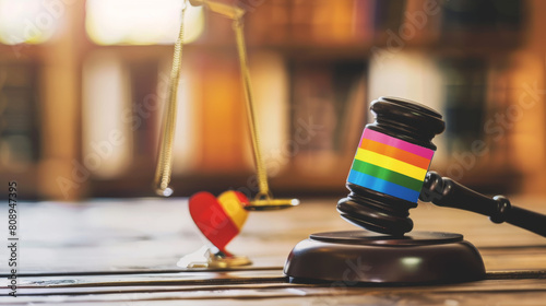 Gavel for judge lawyer with heart rainbow flag, symbol of LGBT pride month. Stock Photo photography photo