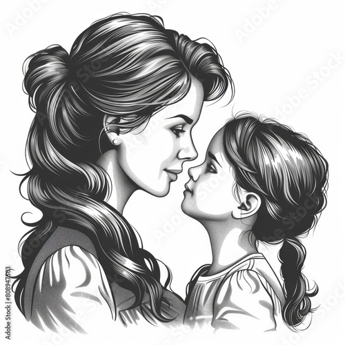 a mother and child are shown in this black and white drawing