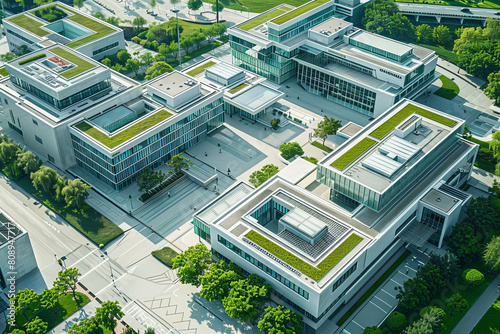 Aerial view of modern science park with green rooftops