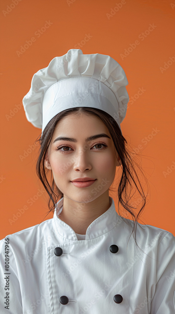 Professional Female Chef in White Uniform Orange Background Portrait Professional Female Chef in White Uniform Orange Background Portrait