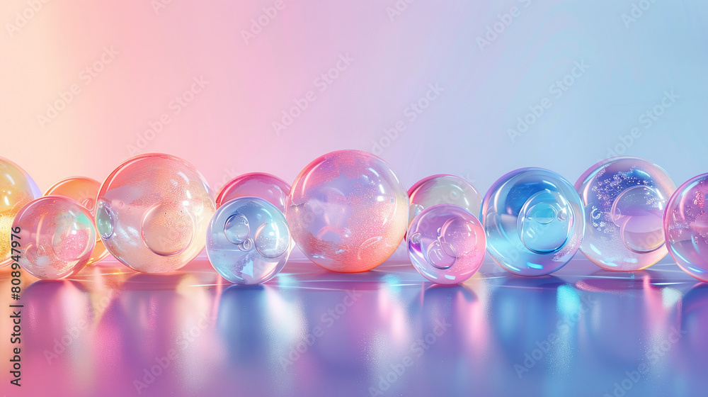 Transparent glass marbles on reflective surface with pink and blue gradient light background Transparent glass marbles on reflective surface with pink and blue gradient light background