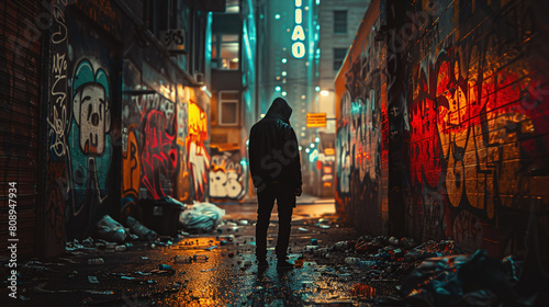 Man in Black Hoodie Walking Alone in Rainy Graffiti Alley at Night Under Neon Lights