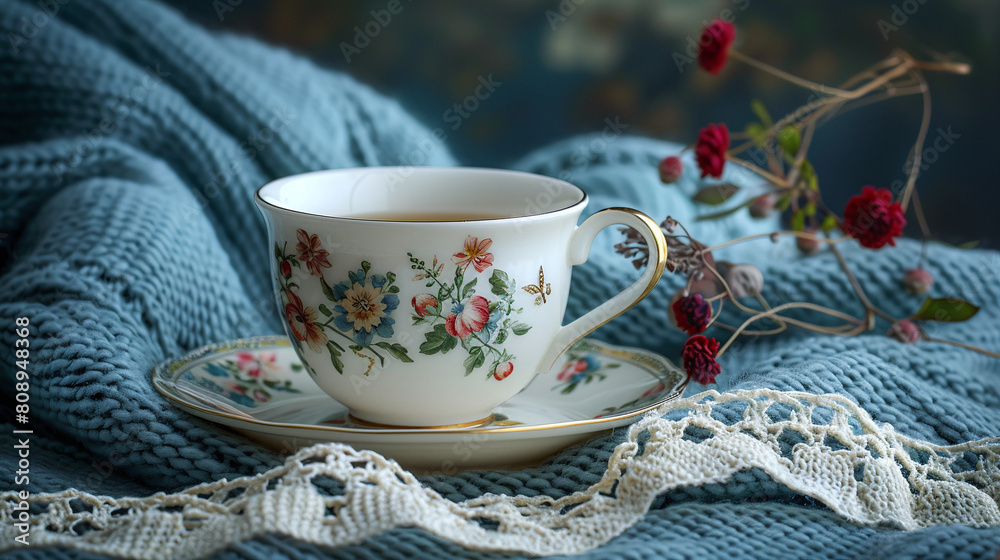 Elegant Floral Porcelain Tea Cup on Lace with Blue Knit Background and Red Berries Elegant Floral Porcelain Tea Cup on Lace with Blue Knit Background and Red Berries