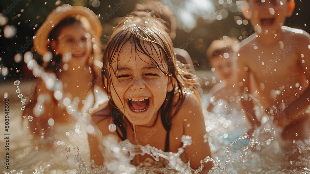 Obraz premium Joyful Children Swimming and Splashing in Sunlit Water at Outdoor Beach Party