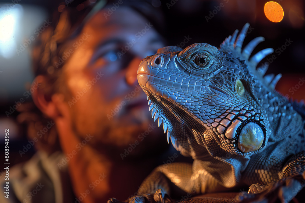 Fototapeta premium Man and his pet lizard watching television together, a unique duo in a home setting.. AI generated.
