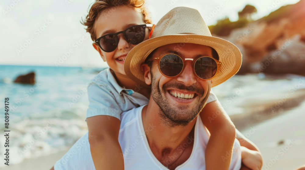 Gay couple, piggyback and relax with family at beach for seaside holiday, support and travel mockup. Summer, vacation and love with men and child in nature for lgbtq, happiness and bonding together St