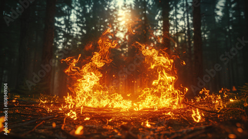 Vivid Orange Wildfire Burning in Dense Green Forest at Sunset Light