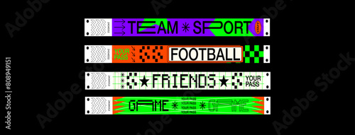 control bracelets for sport team, football team bracelets, friends bracelets, game bracelets, Vector mockup of a sport or festival bracelet in a futuristic style.