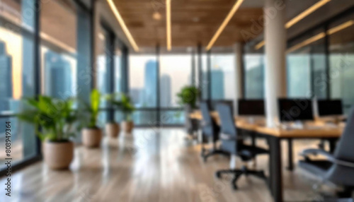 Beautiful blurred background of a light modern office interior with panoramic windows and beautiful