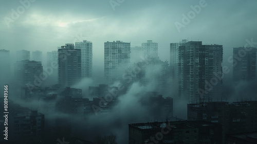 Misty Cityscape Early Morning Light Over Urban Highrises Blue Moody Sky