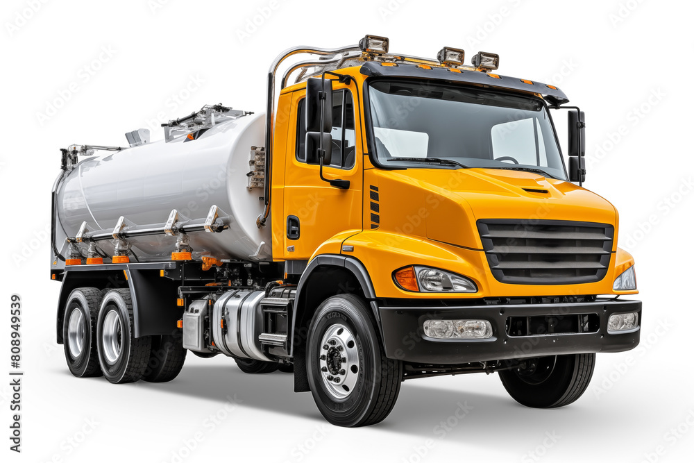 Modern yellow truck for transportation of bulk materials on a white background with shadow