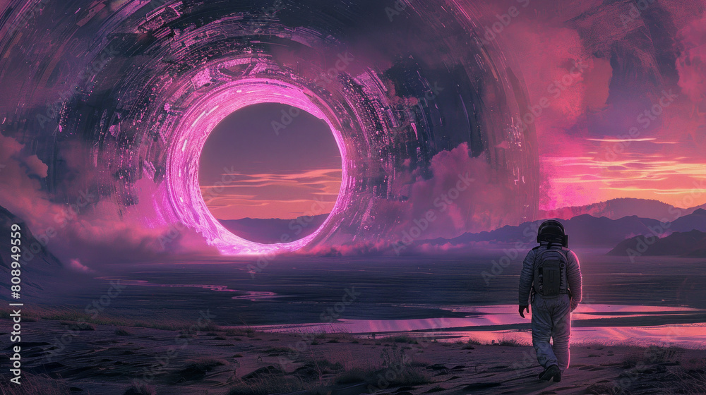 Astronaut approaching a mystical portal in a surreal landscape