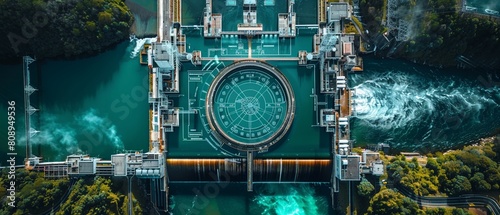 A topdown view of a large hydropower plant, with overlaid statistics showcasing its power generation and economic importance  8K , high-resolution, ultra HD,up32K HD photo