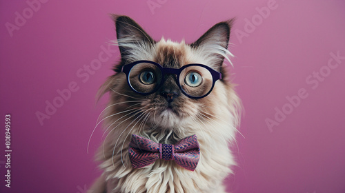 Siamese Cat with Glasses and Bow Tie on Pink Background Cute Professional Pet Portrait photo