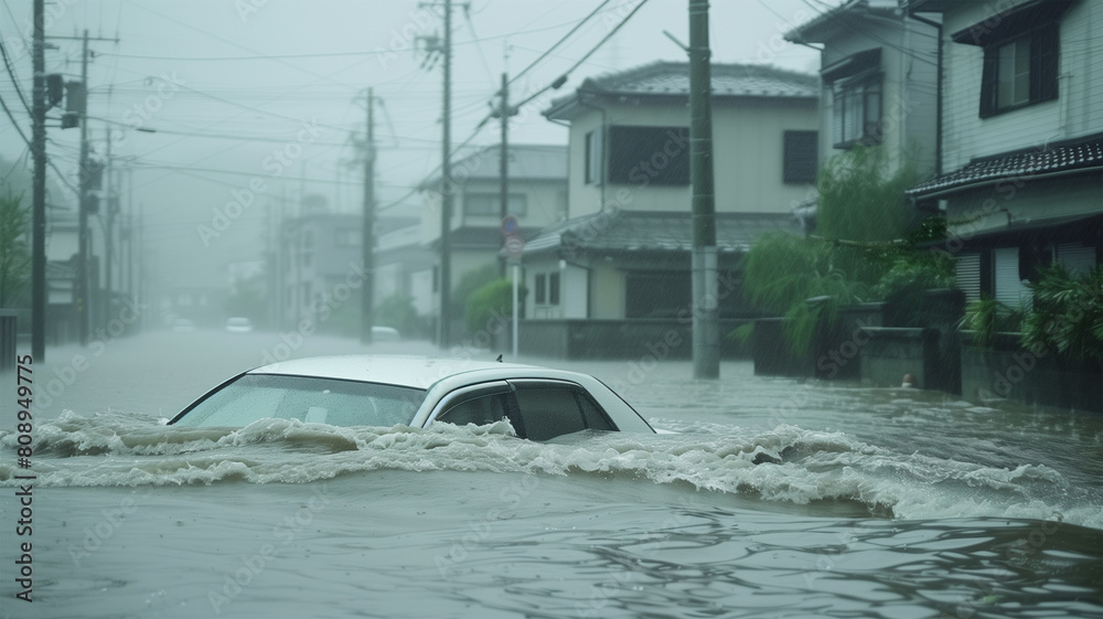 豪雨で浸水した車のイメージ 豪雨で浸水した車のイメージ