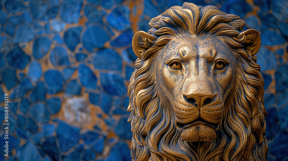 Golden Lion Statue Head Against Mosaic Blue Tile Background Symbolizing Royalty and Strength