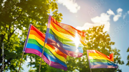 Gay pride, LGBTQ rainbow flags being waved in the air at a pride event Stock Photo photography photo