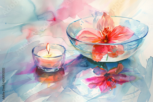 Elegant watercolor of candle and flower in decorative setting