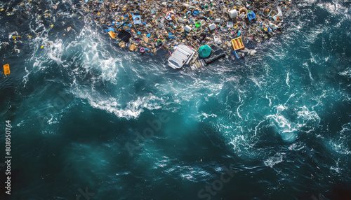 Various rubbish and garbage, mostly plastic floating on sea surface. View from above. Ocean great garbage patch concept. Generative AI