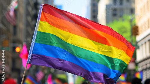 Gay rainbow flag seen during pride parade in the city. Parade goers participate in gay pride march. Stock Photo photography photo