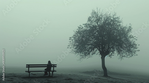 Solitary Person Sitting on Park Bench Under Tree in Misty Grey Morning
