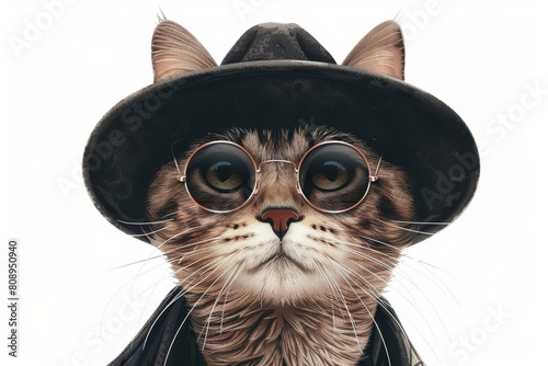 fashionable cat wearing sunglasses and hat on white background digital illustration
