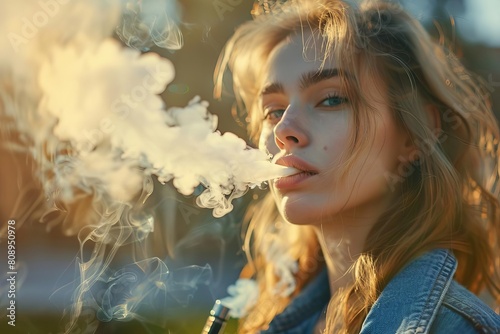 fashionable young woman vaping with electronic cigarette exhaling vapor cloud addiction concept